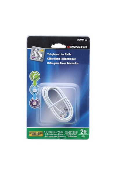Generic سلك خط هاتف معياري من Monster Jhiu Just Hook It Up، مكون من 4 موصلات، أبيض، بطول 2 قدم، 140097-00