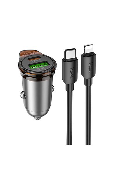 REDz Accessories Car Charger Set for iPhone, Hoco NZ16A + Lightning Cable 1M, Fast Charging 43W, Gray