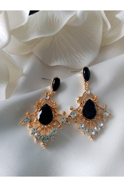 Pervin Ablacım Black Stone Design Gold Handmade Steel Earrings