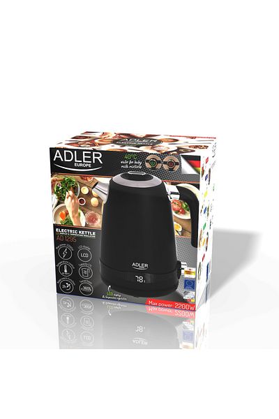 adler Fierbator electric Adler AD1295B 1,7 L, otel inoxidabil, 2200W, afisaj LCD, 7 trepte de temp, negru
