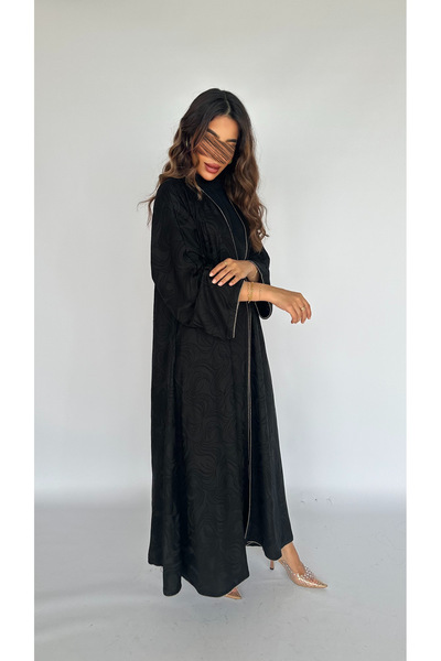 outline Half-cloche jacquard abaya with luxurious details