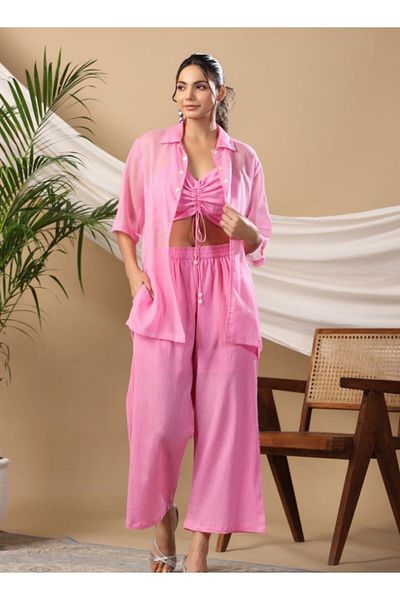 HashtagBe Stylish Pink Three-Piece Co-Ord Set with Ruched Crop Top