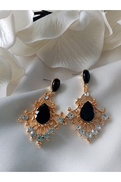 Pervin Ablacım Black Stone Design Gold Handmade Steel Earrings