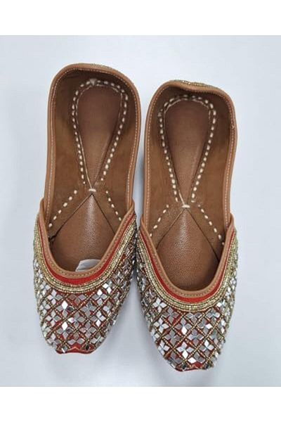 Generic Traditional Indian Jutti Flats, Mirror Embellished, Gold Beaded Trim, Brown Leather Sole, Women's Et