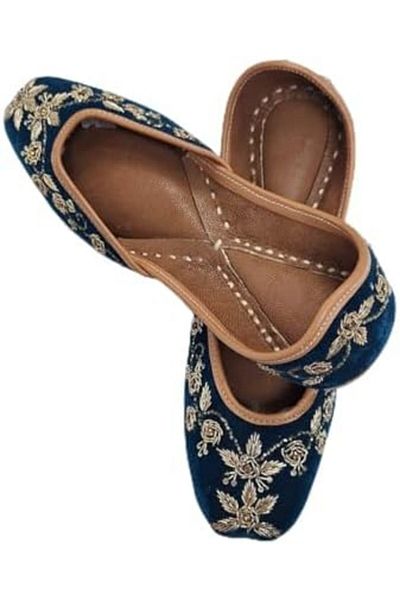 Generic Women's Velvet Ballet Flats, Navy Blue with Gold Floral Embroidery, Traditional Indian Jutti Style,