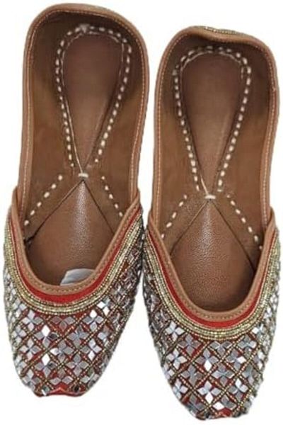 Generic Traditional Indian Jutti Flats, Mirror Embellished, Gold Beaded Trim, Brown Leather Sole, Women's Et