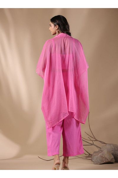 HashtagBe Stylish Pink Co-ord Set with Ruched Crop Top with Sheer Button-Up Shirt