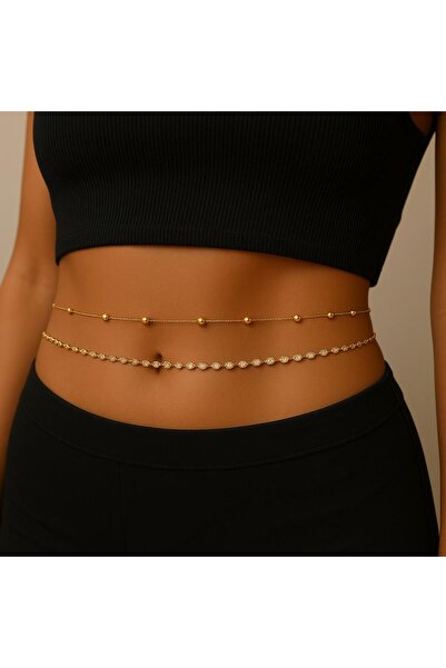 xesha Gold Renk Kadın Bel Zinciri 2 Li Takım Kombin Vücut Takısı Göbek Zinciri