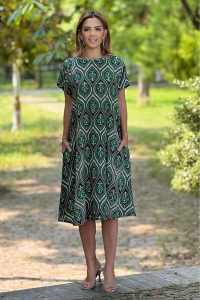 Nevin Kaya Moda Rochie din viscoză din bumbac 100% cu model Alaçatı kaki