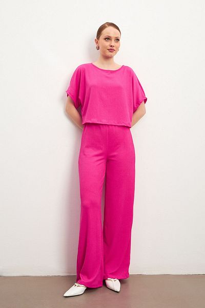 Trendseninle Women's Fuchsia Short Sleeve Crinkle Pants Suit