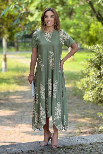 Nevin Kaya Moda Rochie cu model de crin kaki tăiată în formă de V