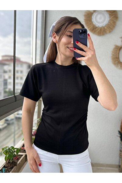 TUNAM BUTİK بلوزة من قماش المودال بخياطة أمامية باللون الأسود