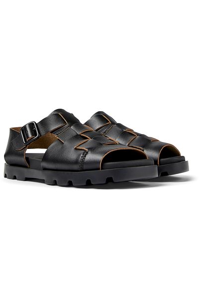 CAMPER Women’s Black Genuine Leather Sandals with Adjustable Buckle and Open-Toe Comfort Brutus