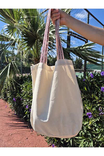 Mia Pera Beach Bag Ecru Raw Color Canvas Linen Pink Grosgrain Strap Bag