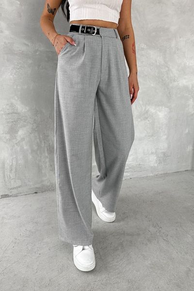 Tarz Cool Women's Double Pleat Detailed Belted Lima Trousers Gray