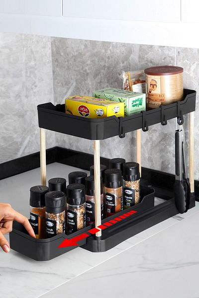 Nandy Home Set of 2 Wooden Leg Two-Layer Functional Organizer – Cabinet, under Sink, Countertop Black