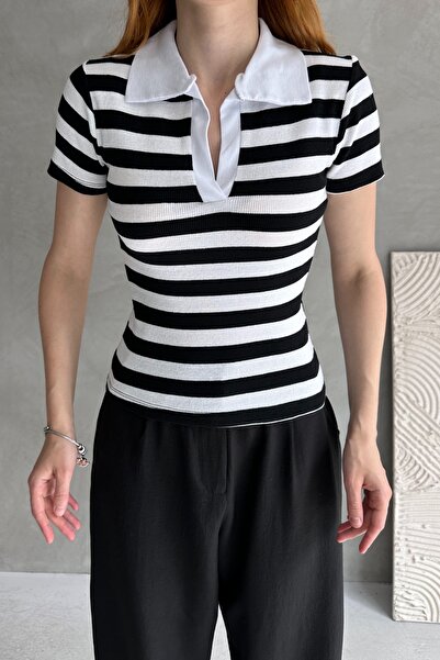 Chicup Aura Γυναικεία ριγέ μαύρη πλεκτή μπλούζα με γιακά πόλο