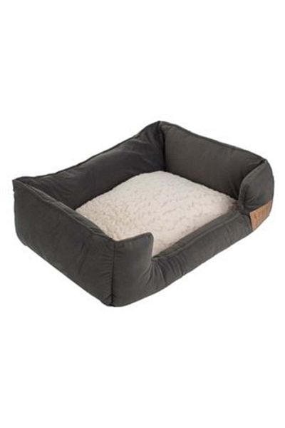 Jumbo Pat dreptunghiular pentru câini gri bej cu blană artificială și petice maro 61 x 49 x 18 cm