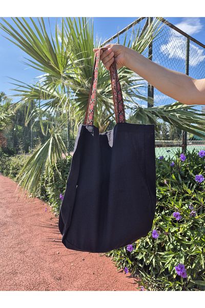 Mia Pera Beach Bag Black Linen Colored Grosgrain Strap Bag