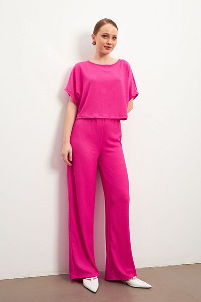 Trendseninle Women's Fuchsia Short Sleeve Crinkle Pants Suit