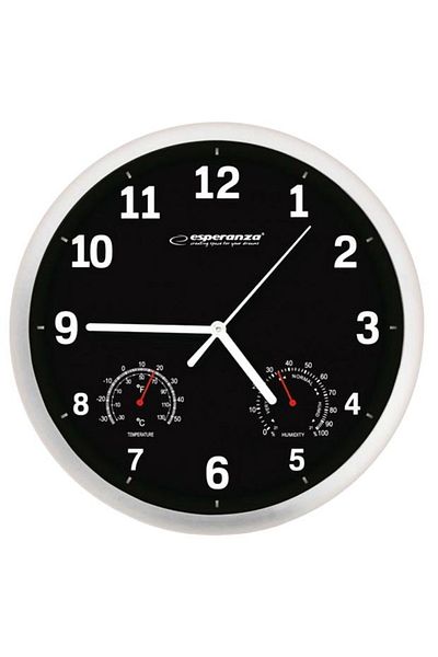 ESPERANZA Wall clock, ESPERANZA, plastic, with thermometer/hygrometer, 25 x 3.6 cm, black/white