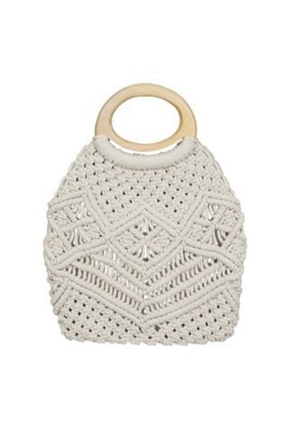 OEM Summer Bag with Macrame Pattern, Ecru with Wooden Handles for Women 28 x 40 cm