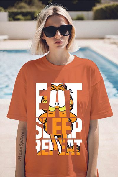 ModaSphere Garfield Eat Printed Crew Neck Unisex Oversize T-Shirt