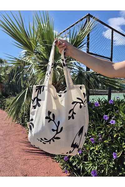 Mia Pera Beach Bag Ecru Ground Black Floral Patterned Raw Linen Hanging Bag