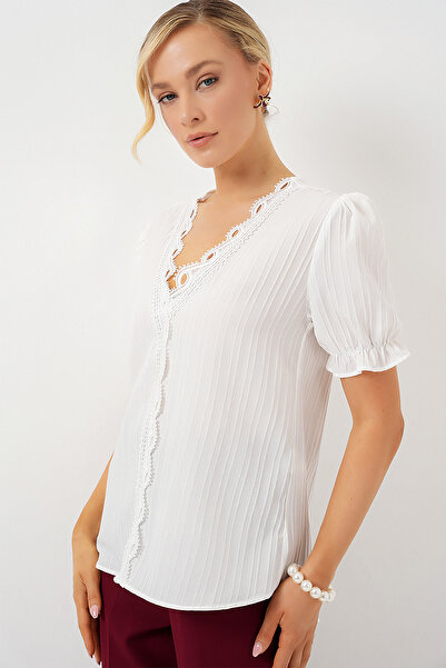 Bigdart Women's V-Neck Lace Blouse 956 - White