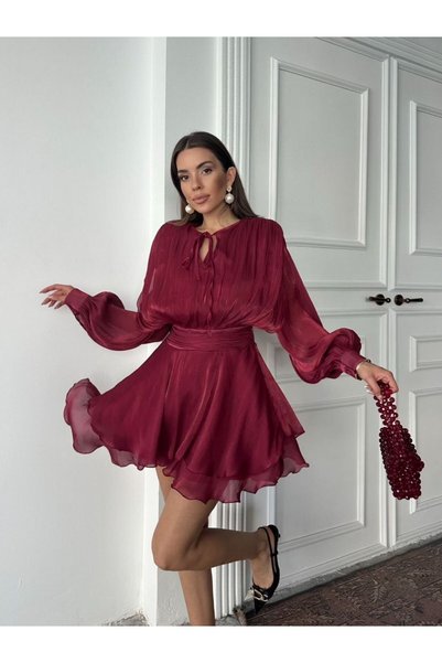 Monchoix Women's Tie-Up Mini Chiffon Dress with Layered Skirt