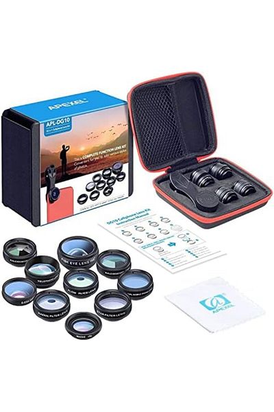 APEXEL 10 in 1 Phone Camera Lens Kit Fisheye Wide Angle Macro Lens CPL Filter Kaleidoscope and 2X Te