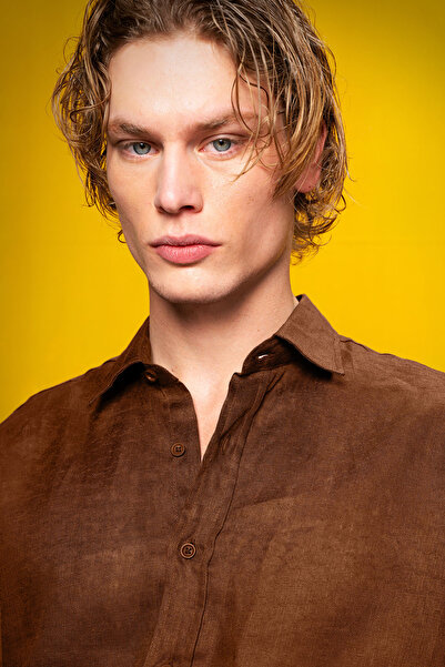 GIESTO 100% Linen Brown Shirt