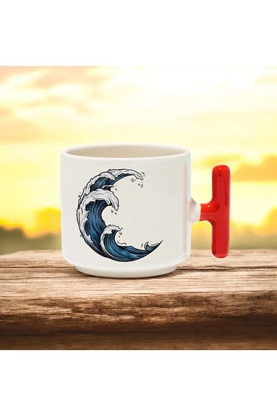 BB TRADE Wavy Sea Design Red t Handle Ceramic Printed Mug 250 ml