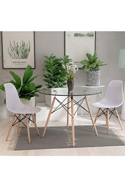 Taimi 3-Piece Dining Set – Round Tempered Glass Table 80x80x72cm with Wooden Legs & 2 White Chairs