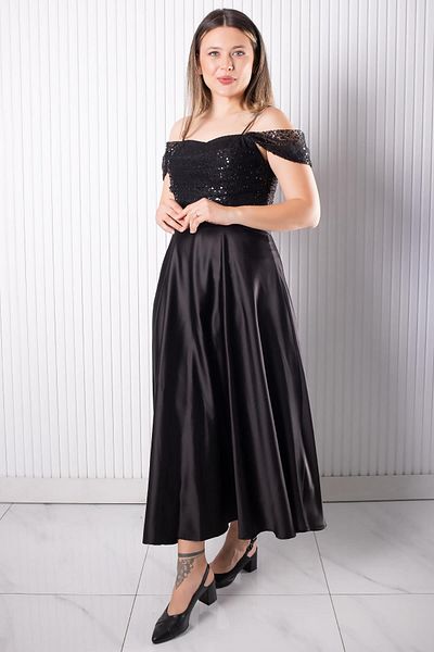 SUBU TASARIM Strap Sequin Satin Evening Dress Black Tbs386