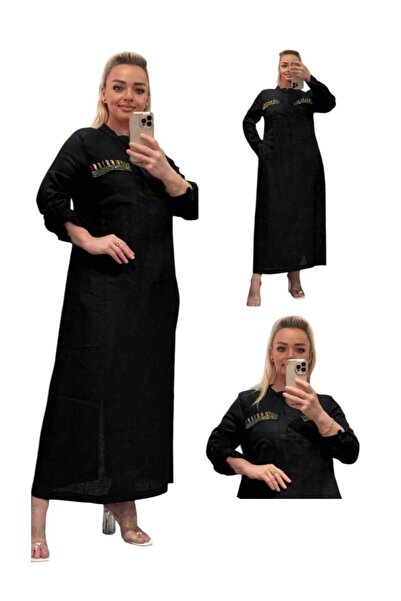 TESSY Kadin Büyük Beden Cep İşlemeli̇ Uzun Kol Keten Elbi̇se