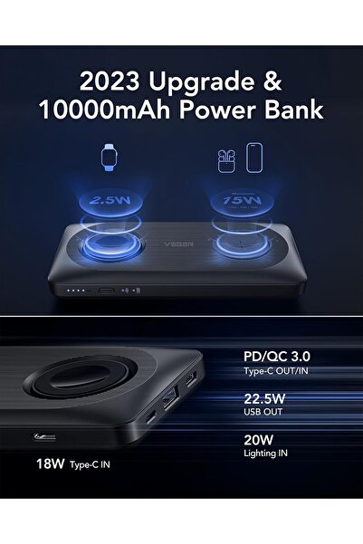Veger Magnetic Wireless 3-in-1 10000mAh Power Bank (MagSafe) - 22.5W PD Fast Charging