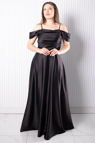 SUBU TASARIM Satin Evening Dress with Straps Black Tbs388