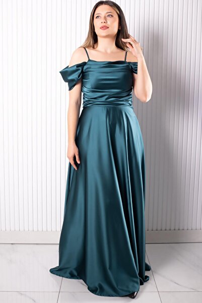 SUBU TASARIM Rochie de seară din satin cu bretele Petrol TBS388