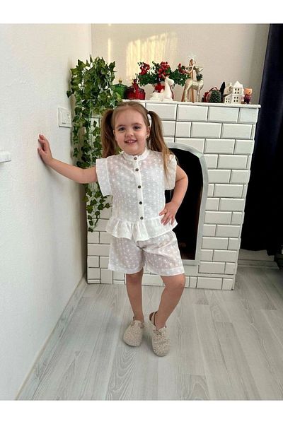 Kidmark Çocuk Modası Girl's Scalloped White Shorts Summer Suit