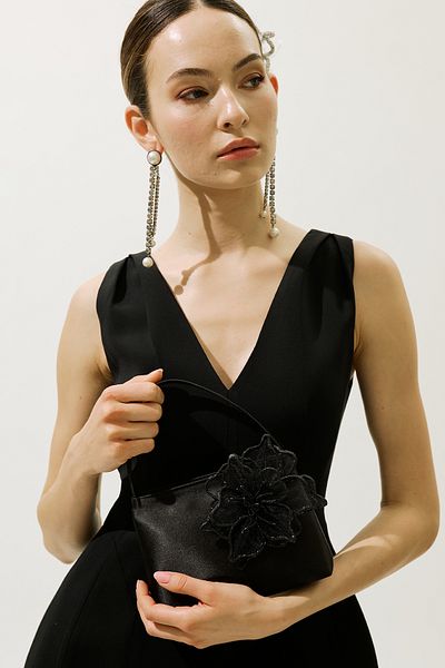 Manuka Flower Detail Mini Evening Dress Bag Black