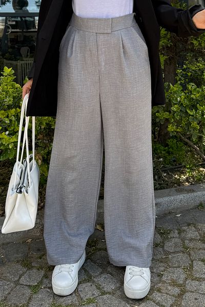 Tesettür Diyarı Women's Velcro Model Sofia Linen Wide Leg Trousers - Gray