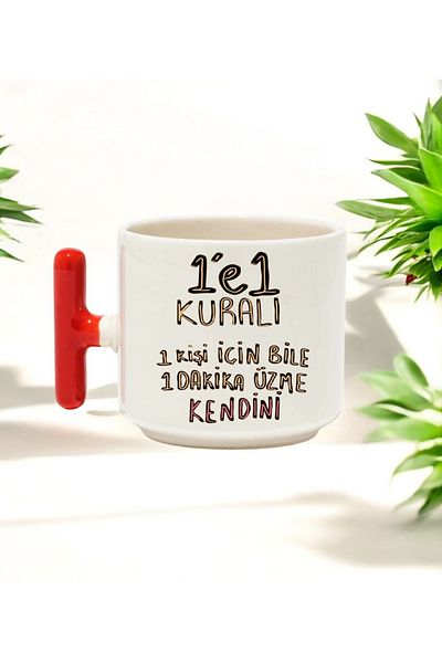 BB TRADE Red t Handle Ceramic Printed Mug Cup with 1 in 1 Rule Design 250 ml