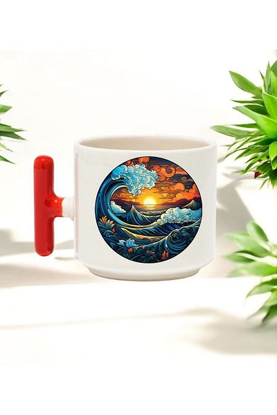 BB TRADE Nature Designed Red t Handle Ceramic Printed Mug Cup 250 ml