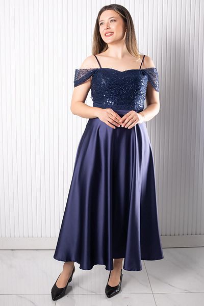 SUBU TASARIM Strap Sequin Satin Evening Dress Navy Blue Tbs386