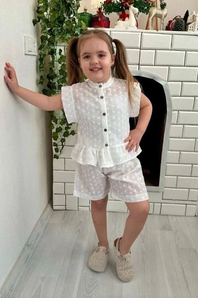 Kidmark Çocuk Modası Girl's Scalloped White Shorts Summer Suit