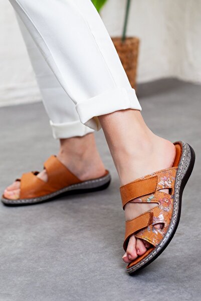 DERİMİSS Women's Genuine Leather Floral Patterned Orthopedic Flat Slippers