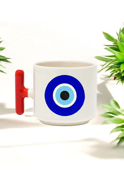 BB TRADE Red T-Handled Ceramic Printed Mug with Evil Eye Bead Design 250 ml