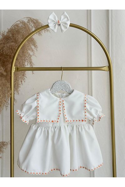 Hobidik Baby Girl Kids Off White Crepe Fabric Orange Daisy Lace Dress