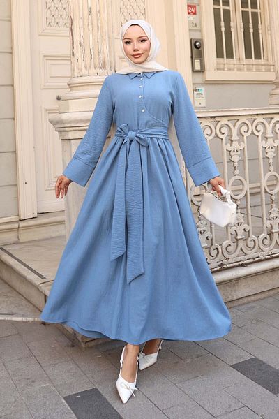 benguen Rochie Hijab cu legare în talie Albastru 2304